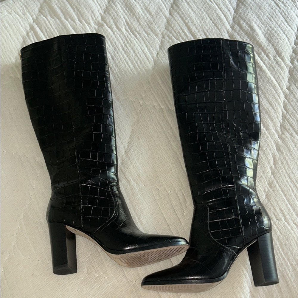 Ralph Lauren Black Croc-Patterned Heeled Boots